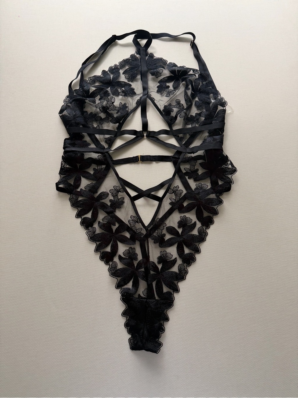 Victoria's Secret Black Floral Lace Strappy Bodysuit